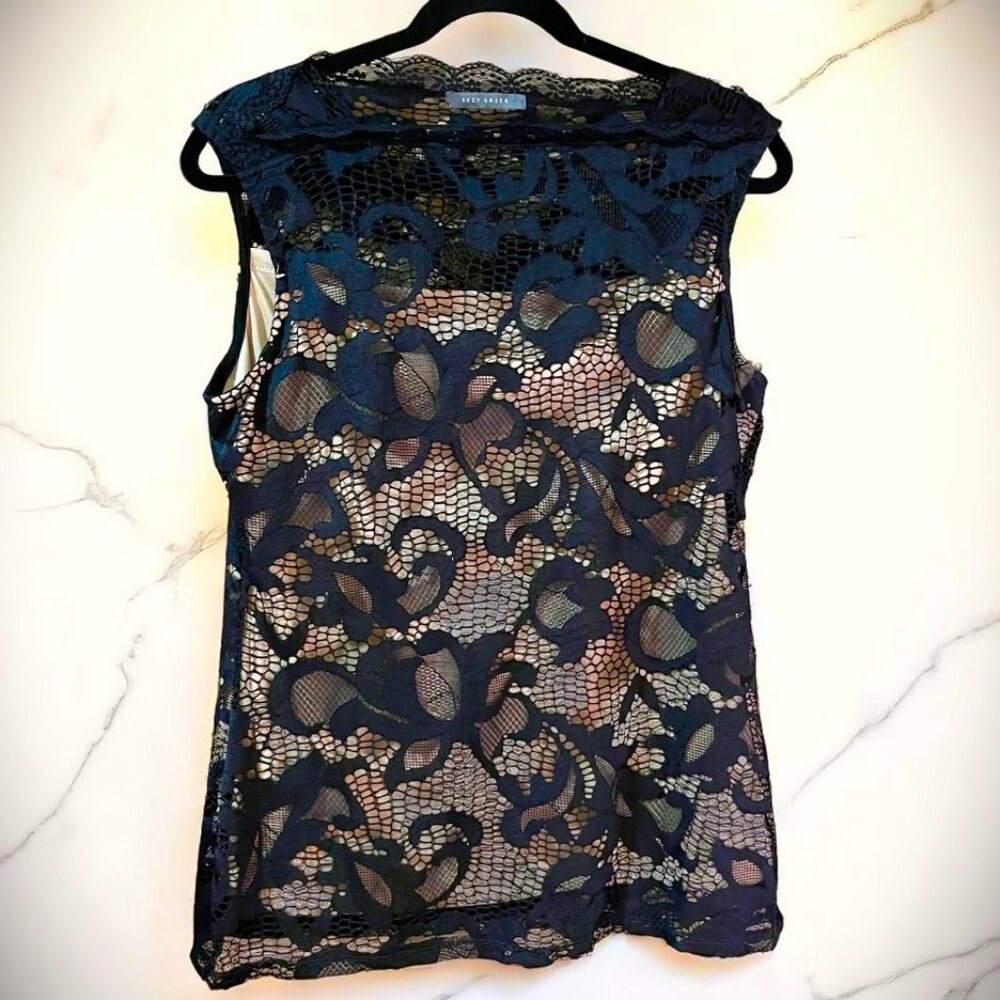 BLACK BEAUTIFUL LACE over beige cami sleeveless top elegant dramatic Size L EUC